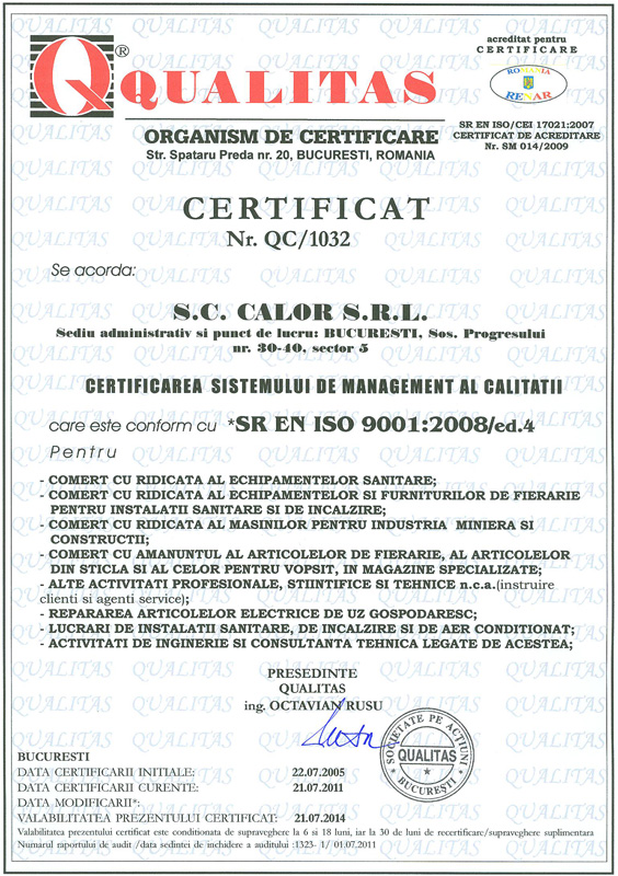 CERTIFICAT DE MANAGEMENT AL CALITATII CONFORM CU SR EN ISO 9001:2008/ED.4