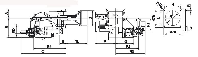 Dimensiuni arzator pe gaz seria P/M industrial