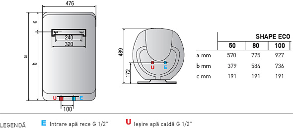 Boiler electric Ariston SHAPE ECO - Dimensiuni